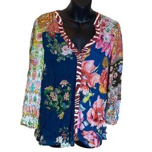 Ruby yaya floral patchwork dopamine button up‎ blouse rhinestone small